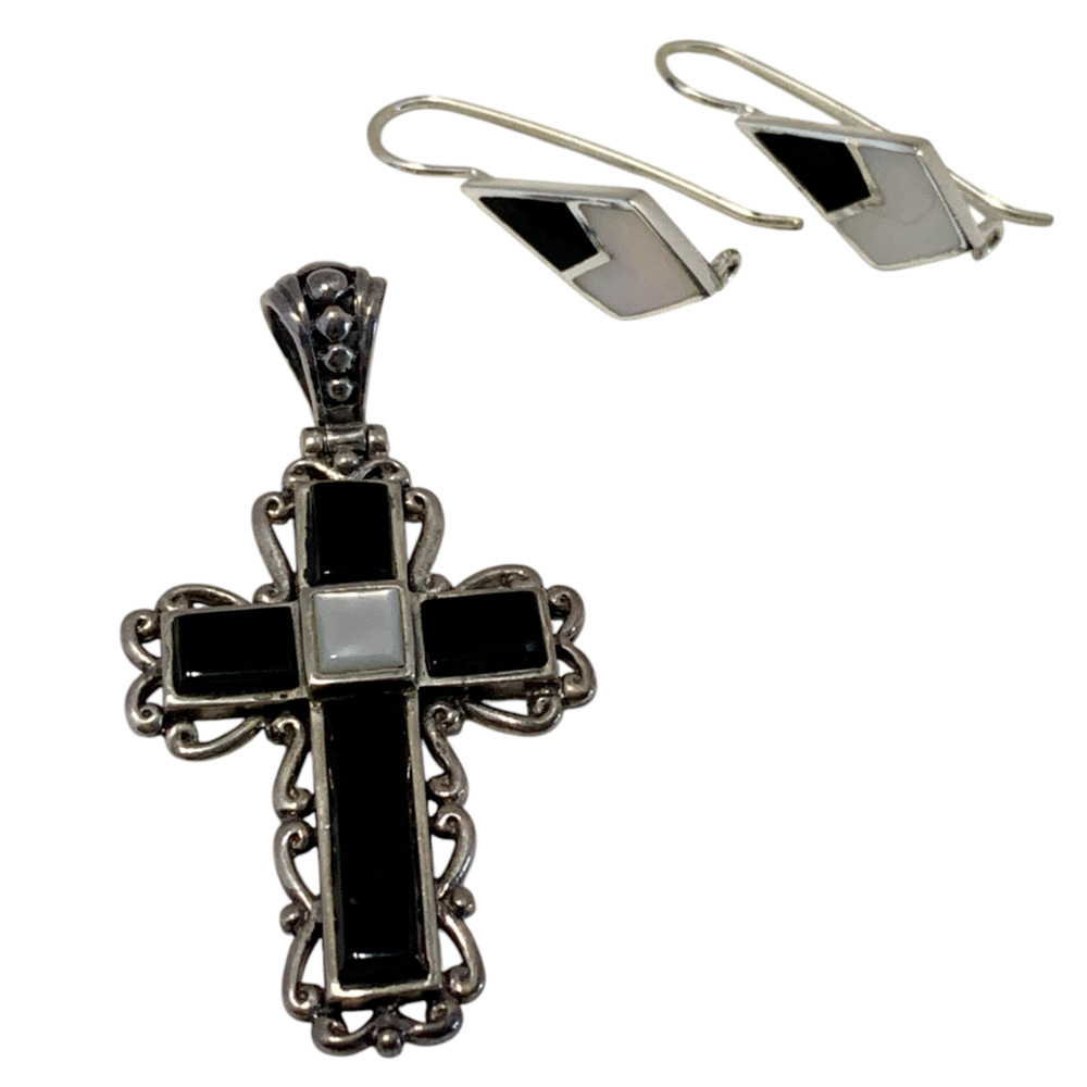 Vintage Mexico Black Onyx Mother of Pearl Cross Pendant & Earrings .925 Silver